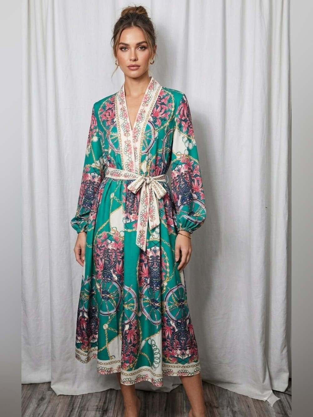 SundayUp Long Sleeve Belted Dress Sz M Green And Pink Floral